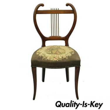 Antique Mahogany Lyre Harp Back Accent Side Vanity Chair with Tapestry Seat