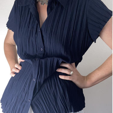 vintage semi-sheer navy pleat blouse size xl 