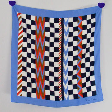 PIERRE CARDIN Vintage 70s Silk Twill Scarf | 1970s Mod Blue Geometric Op Art Neck Scarf Headscarf | 60s 1960s Parisian Paris French Designer 