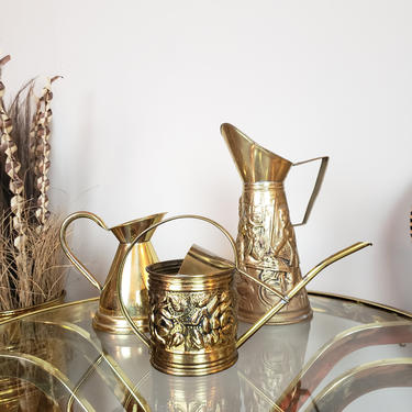 Vintage Brass Pitchers &amp; Watering Can | Embossed Raised Tavern Scene, Flowers/Floral Jug | Made in England 1960s 