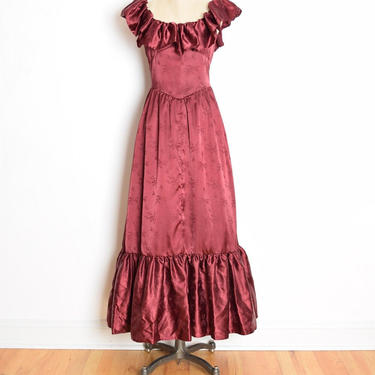 vintage 80s prom dress burgundy satin ruffle southern belle maxi gown S M clothing 