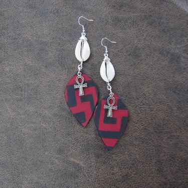 African print earrings, Ankara and cowrie shell earrings, bold statement earrings, Afrocentric earrings, red batik earrings, silver ankh 2 