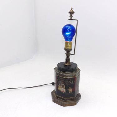 Frederick Cooper Chinese Asian Tea Canister End Table Nightstand Lamp With Blue Bulb &amp; Shade Brass Black Hand Painted Chinoiserie Light 