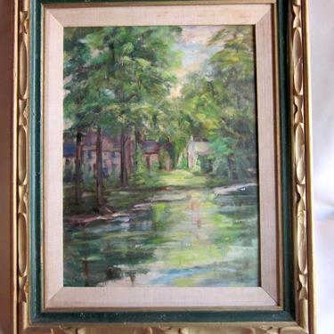 Vintage Framed Oil on Artist's Canvas Board Rural Forest Scene 1960s/1970s Impressionist Green Forest Waterfront Cottage Scene 