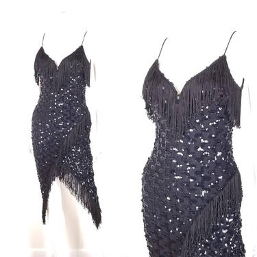 Vintage 90s Fringed Sequined Party Dress ~ Women's XS/S ~ Sexy Skimpy Flapper Cocktail Dress ~ Sparkly Black Sequin NYE Party Dress 