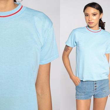 Baby Blue Ringer Tee Shirt Single Stitch Top Plain TShirt 80s T Shirt Retro Tee Vintage 70s TShirt 1980s Red Small 