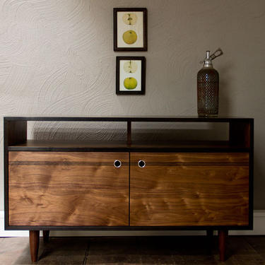 Burnt Media Console - Blackened Cherry and Natural Walnut TV Console with Aluminum pulls - TV Stand - Credenza 
