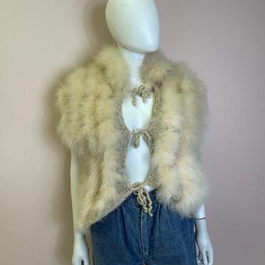 Vtg 70s 80s cream knit marabou feather cardigan shrug sweater S/M 