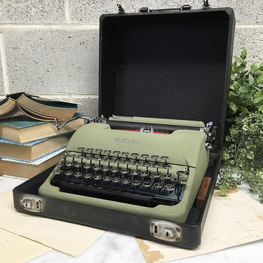 Vintage Typewriter Retro 1940s Smith-Corona + Sage Green + Portable Typing Machine + Black Carrying Case + Floating Shift + Home Decor 