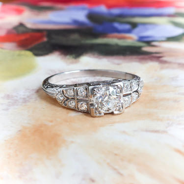 Art Deco Engagement Ring Circa 1930's .64ct Diamond Filigree Hand Engraved Wedding Anniversary Vintage Ring Platinum 