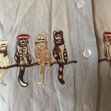 Christmas cats chambray collar button up sz small 
