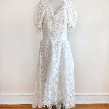 Ivory Lace Dress with Puffed Sleeves and Embellishments - 1980s 