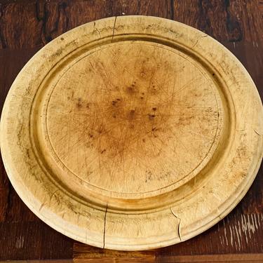 Antique Round Carved Wood Bread Board, Large