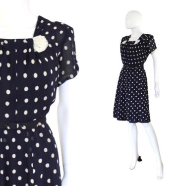 1940s Polka Dot Dress - 1940s Swing Dress - 1940s Navy Blue Dress - Vintage Polka Dot Dress - Vintage Swing Dress - 1940s Dress | Size Large 