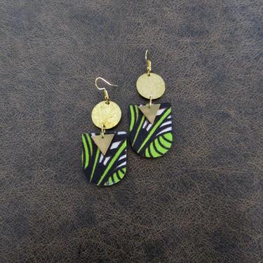 African print earrings, Ankara earrings, wooden earrings, bold statement earrings, Afrocentric earrings, small green earring, batik earrings 
