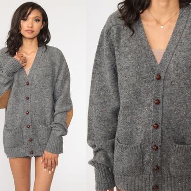 Grey Wool Cardigan Grandpa Cardigan Sweater Sweater Plain Button Up 80s Grunge Slouchy Knit PatchesVintage Men's Medium Large 