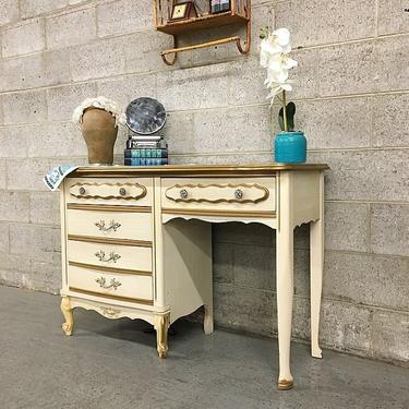 Vintage Wood Desk Retro Women's Vanity White with Gold Ornate Details Home Office or Beauty Table Girls Desk LOCAL PICKUP ONLY 