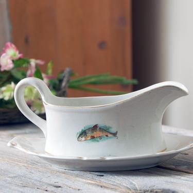 Antique KT&K Co. porcelain gravy boat / fish pattern pitcher / cottage serving ware / semi-vitreous porcelain gravy server / cabin decor 
