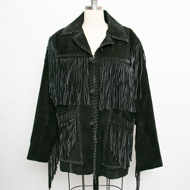 1990s FRINGE Suede Jacket Western Leather Coat Black Small 