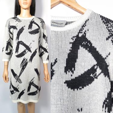 Vintage 80s Black And White Brushstroke Print Acrylic Knit Sweater Dress Made In USA Size M 