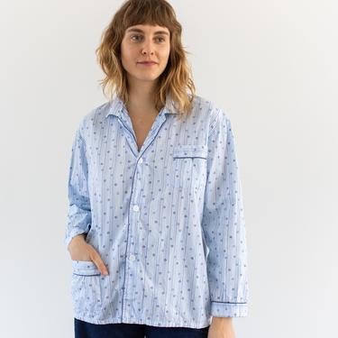 Vintage Patterned Blue Pajama Shirt | Lightweight 100% Cotton Blouse | M L | 