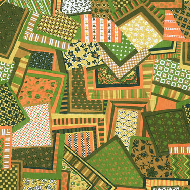 Vintage 1960s Boho Linen Fabric, Faux Patchwork, Home Decor Upholstery Yardage, Green/Orange Geometric/Floral Pattern, 84&amp;quot; x 84&amp;quot; 