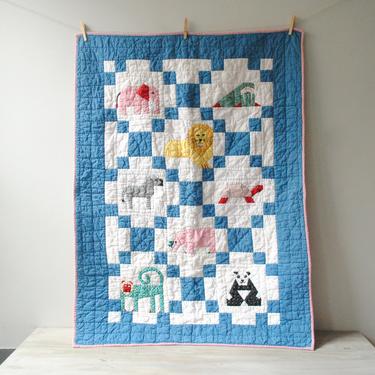 Vintage Patchwork Quilt with Animals, Baby Quilt, Small Children's Quilt, Unisex Baby Quilt, Baby Shower Gift, Animal Quilt Wall Hanging 