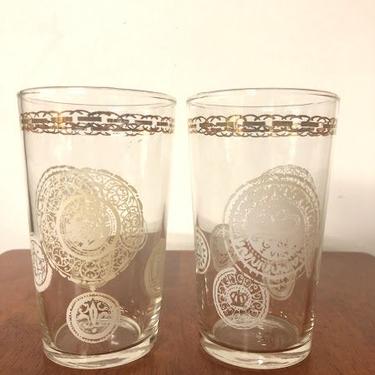 Vintage Pair of Federal Glass Roman Print Juice Glasses 