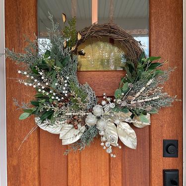 Greenery Glam Winter Wreath with Scandi Boho Accents, Boho Christmas Wreath, Holiday Wreath 