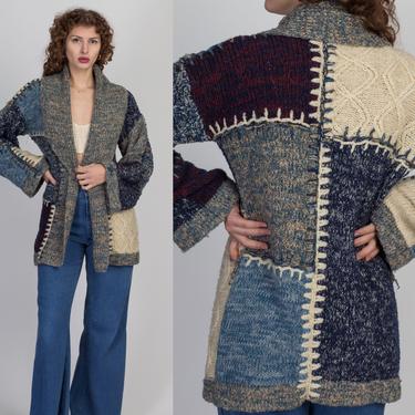70s Kennington Chunky Patchwork Knit Cardigan - Medium | Vintage Boho Open Fit Shawl Collar Sweater 