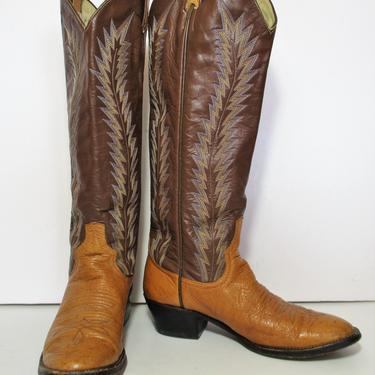 Vintage Larry Mahan Cowgirl Boots 6.5B Women, cognac ostrich, brown leather knee high, Made in Texas 