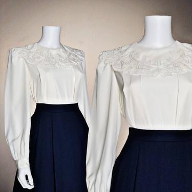 Vintage Embroidered Blouse, Medium / 1950s Style Back Button Blouse / Cape Collar Blouse / Pleated Cocktail Blouse / Victorian Inspired Top 