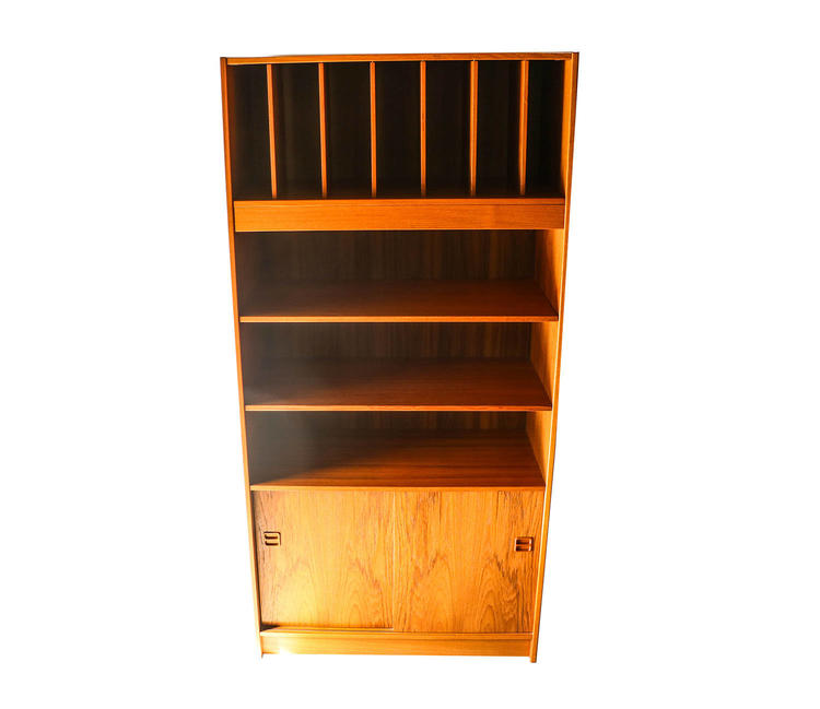 Mid Century Danish Tall Teak Vinyl Storage Cabinet 