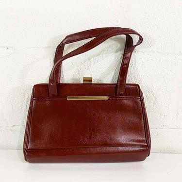 Vintage Handbag Bag Leather 1950s 1960s Purse Satchel Brown Gold Snap Kisslock Structured Evening Minimalist Minimal 