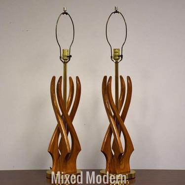 Sculpted Oak &amp; Brass Table Lamps- a Pair 