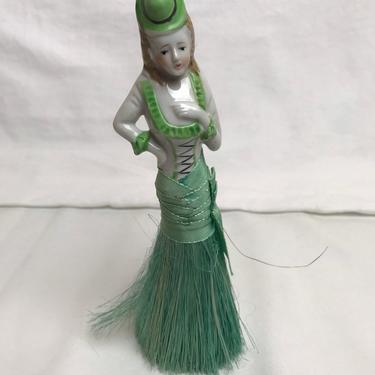 Vintage porcelain figurine~ vanity cosmetic crumb brush~ link whisker~ feminine clothing brushing hats~ mini broom~ victorian figure 