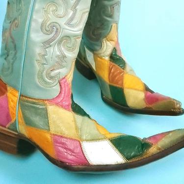 Vintage pointy cowboy boots. True Texas roach stompers. Patchwork leather. Very colorful. (Mens 8+/Womens 9.5+) 
