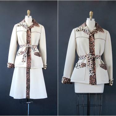 LILLI ANN KNITS Vintage 70s Suit | 1970s Poly Gabardine Leopard Trim Belted Jacket &amp; A Line Skirt Set | Mod Secretary, Designer | Size Small 