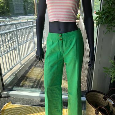 1970's Linen Pants by Emily Just Emily Bright GREEN Wide Leg High Waisted High Rise Groovy TRUE VINTAGE 