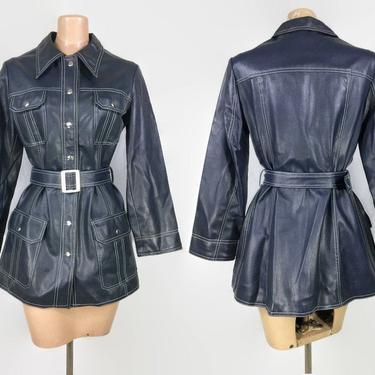 VINTAGE 1970s Navy Blue Faux Leather Belted Mini Trench Coat | 70s Fitted Waist Jacket | Snap Front MOD JAcket | Vegan Safe Leatherette | 10 