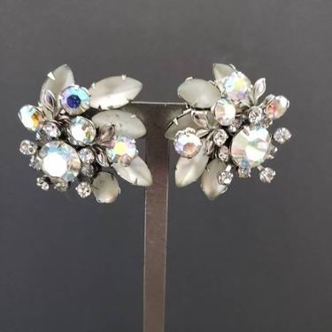 1950s Earrings Smoky Rhinestones Clusters / 50s Clip on Earrings Aurora Borealis Floral Bouquet / Josette 