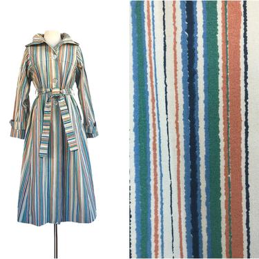 Vintage 70s trench coat/ New Old Stock/ vertical stripe/ earthy blue green cream and rust/ NWT NOS 