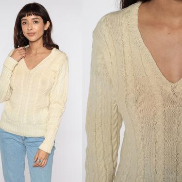 Cable Knit Sweater 80s Cream Yellow V Neck Wool Blend Sweater Knit Hipster Boho Pullover Cableknit 1980s Jumper Vintage Small 