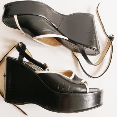 1990s Black Platform Wedge Heel Sandals / 90s does 70s Black and White Mary Jane Peep Toe Shoes Studio Pollini / size 37 