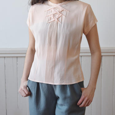 1940s MO’RLOVE Pink Rayon Blouse | Vintage 40s Button Back Top | S/M 