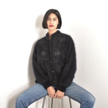Vintage 1980s Sweater / 80s Oversized Angora Cardigan / Black ( S M L ) 