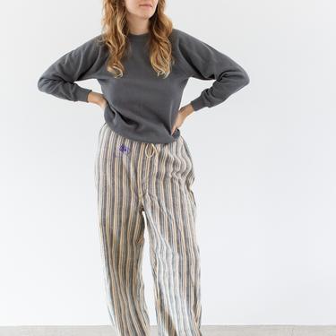 Vintage 26-38 Waist Stripe Flannel Drawstring Easy Pant | Cream Blue High Waist Holiday Cotton Pajama Pants | FL021 | L | 