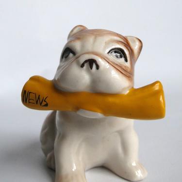 Sweet Vintage Dog Bulldog or Frenchie Holding Newspaper Ceramic / Air Brush Paint / Figurine 