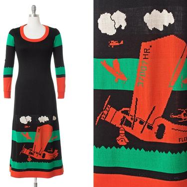 Vintage 1970s Sweater Dress | 70s GIORGIO di SANT'ANGELO Biplane Graphic Novelty Knit Acrylic Black Maxi Dress (small/medium) 