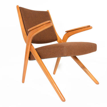 Danish Mid Century Modern Beech Scissor Chair in Tawny Wool 